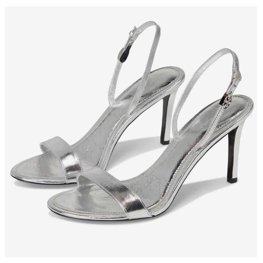 New Tory Burch Silver Metallic Leather Slingback Stiletto Sandals 8.5